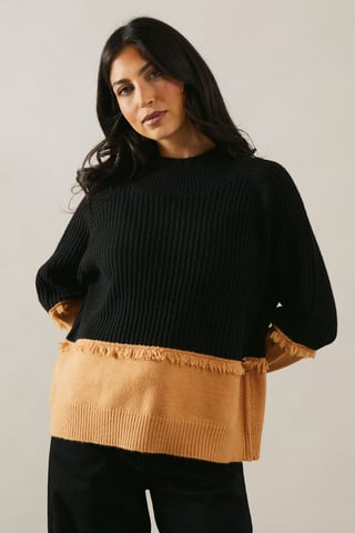 Colour Block Fringe Detail High Neck Jumper