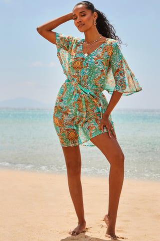 Green Baroque Print Tie Waist Beach Kaftan