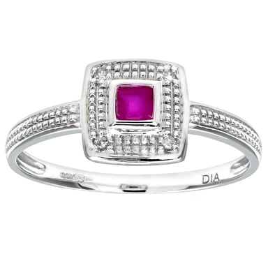 Bague pour femme en or blanc 9 carats avec diamants et rubis