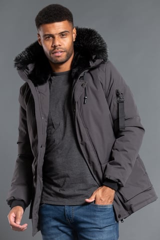 Charcoal Longline Hooded Padded Parka Jacket With Faux Fur Hood