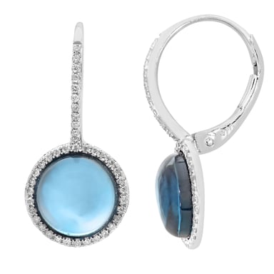 Boucles d'oreilles pendantes en or blanc 9 carats avec diamants et topaze bleue ronde de 5,30 carats