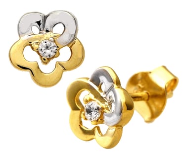Boucles d'Oreilles à Puces Fleur en Or Jaune et Blanc 9 Carats Oxyde de Zirconium