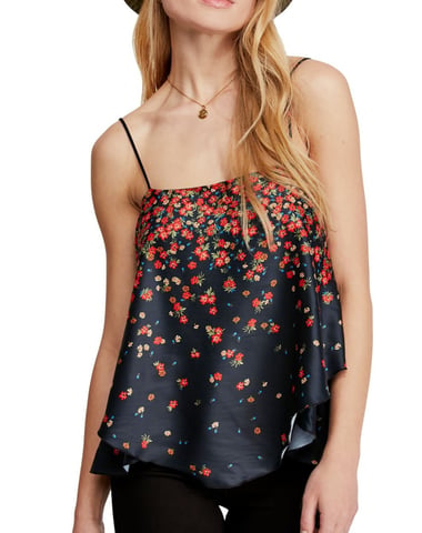 Free People Women's Top Black Red  Cami Satin Ditsy Tiered