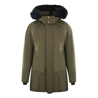 Moose Knuckles Stage Lake Parka-Daunenjacke mit schwarzem Rand und grunem Rand