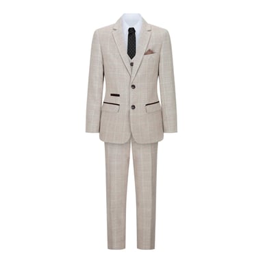 3-teiliger beigefarbener Tweed-Karo-Vintage-Retro-Anzug für Jungen
