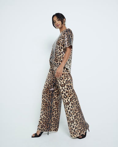 River Island Womens Trousers Petite Beige Leopard Print Sequin