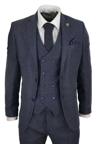 Dreiteiliger Herrenanzug aus blauer Wolle, zweireihige Weste, Tweed, Peaky Blinders, 1920er Jahre