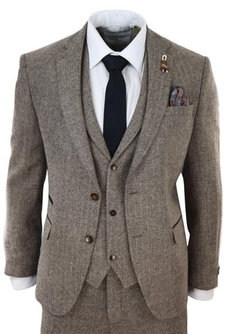 Herren Tweed-Anzug in Eichenbraun, 3 Teile, Vintage Fischgrät, 1920er Jahre Retro Peaky Blinders