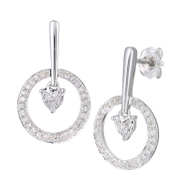 Boucles D'Oreilles Pendantes Coeur Diamant Or Blanc 9 Carats
