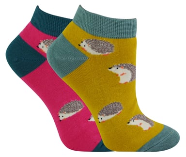 2 Paar Multipack Damen Bambus Trainer Socken | Miss Sparrow | Atmungsaktive Neuheit Tiermuster Socken - Igel