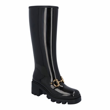 Gucci Damen kniehohe Gummistiefel mit Pferdemotiv aus schwarzem Leder