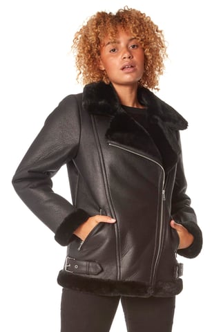 Faux Fur Lined Zip Detail Aviator Jacket
