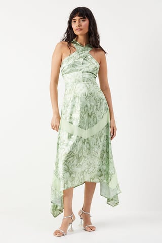 Snake Print Satin Cross Front Chiffon Insert Hanky Hem Midi Dress