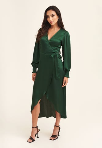 Grünes Satin-Wickel-Midikleid