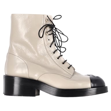 Chanel CC Interlocking Logo Combat Lace-Up Boots in Beige Calfskin Leather