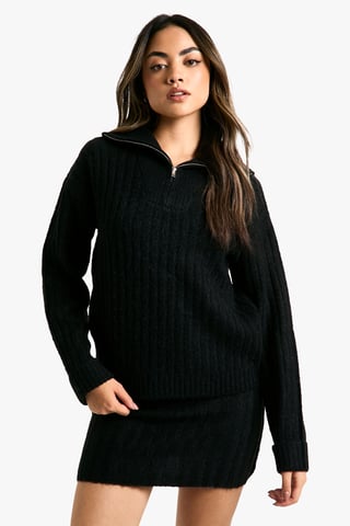 Soft Knit Thick Rib Zip Neck Oversized Jumper And Mini Skirt Set