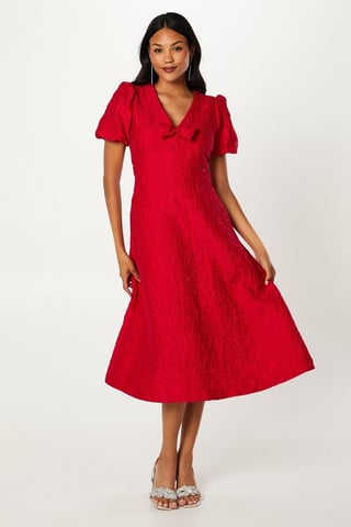 Coast Womens Fit & Flare Dress Red Polyester V-Neck Short Sleeve Midi Jacquard