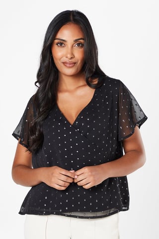 Petite Metallic Spot Wrap Blouse