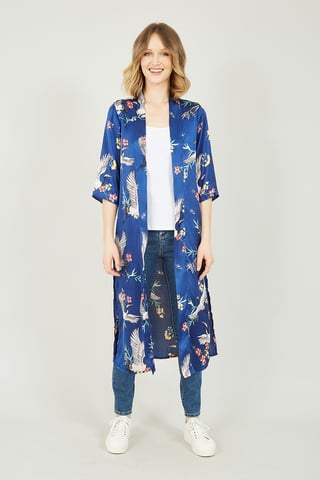 Kimono en satin bleu marine à imprimé grues Yumi