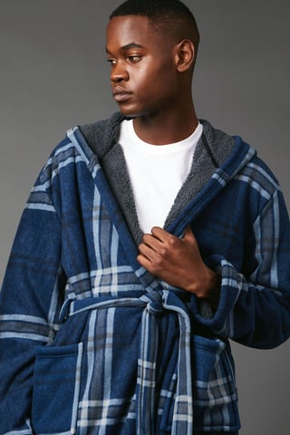 Men's Check Bonded Fleece Lined Dressing Gown