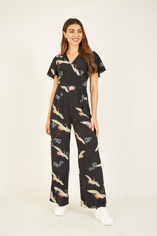 Combi-pantalon noire à manches ange et imprimé oiseau Yumi