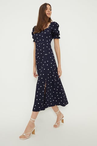 Navy Spot Sweetheart Neckline Midi Dress