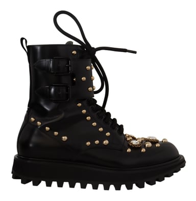 Dolce & Gabbana Men's Black Leather Crystal Embellished Boots Shoes