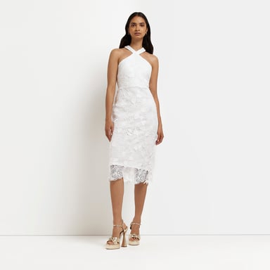 River Island Womens Midi Dress White Halter Neck Lace