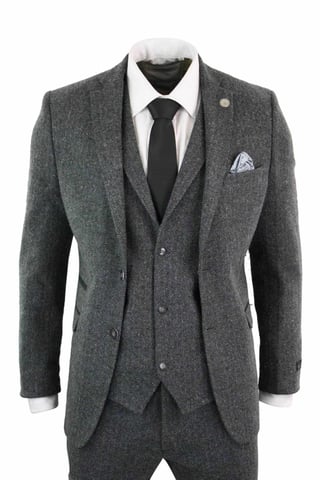 Herren 3-teiliges Anzug aus grauem Fischgräten-Tweed
