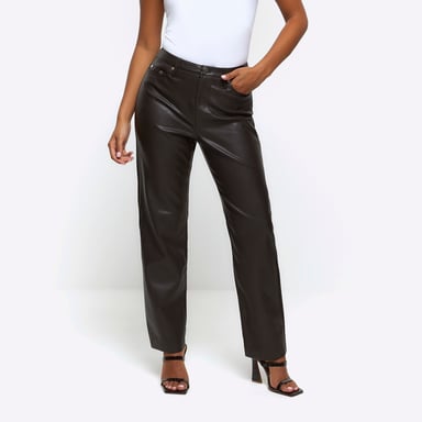 River Island Womens Straight Trousers Petite Brown Faux Leather