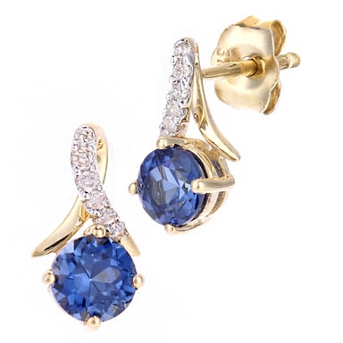 Boucles d'oreilles en or jaune 9 carats, tanzanite synthétique 0,8 carat et diamants 0,05 carat