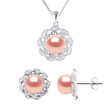 Schmuck Halskette & Ohrringe FLOWER Süßwasserperle 9-10 mm Natural Rose 925