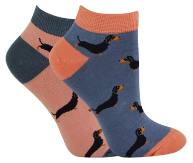 2 Paar Multipack Damen Bambus Trainer Socken | Miss Sparrow | Atmungsaktive Neuheit Tiermuster Socken - Wurst Hund