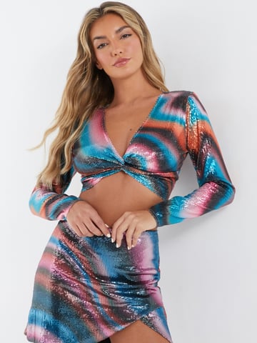 Multicoloured Sequin Marble Knot Crop Top