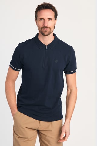 Navy Cotton Zip Neck Polo Shirt