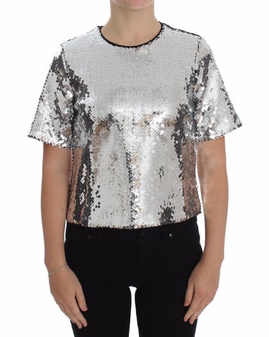 Dolce & Gabbana Frauen Bluse T-Shirt mit Rundhalsausschnitt aus silbernen Pailletten