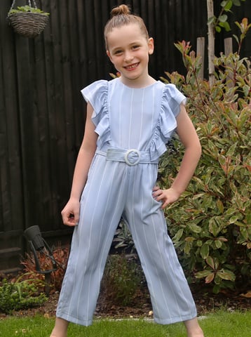 Girls Ruffle Design Striped Belted Jumpsuit in Blue