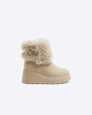 River Island Girls Wedge Boots Girls Beige Faux Fur