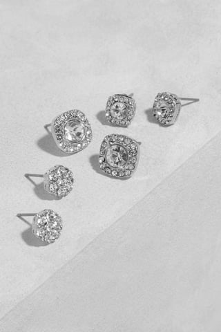 Silver Square Diamante Stud 3 Pack