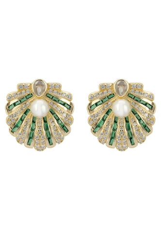 Boucles d'oreilles Art Déco en coquille Saint Jacques Vert Émeraude avec perle en or