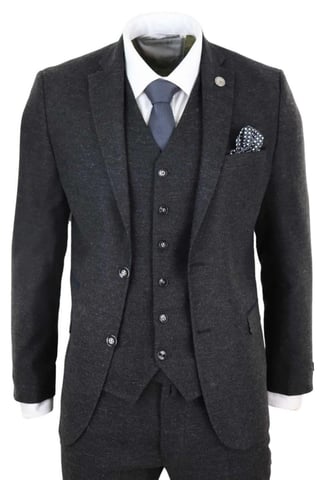Herren 3-teiliges Schwarzes Wolltweed Vintage Retro Anzug