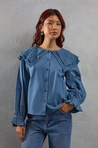 Broderie Oversized Collar Poplin Blouse