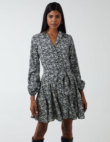 Shirt Mini Dress With Godet Hem & Tie