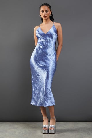 Premium Crinkle Satin V Neck Strappy Back Midaxi Slip Dress