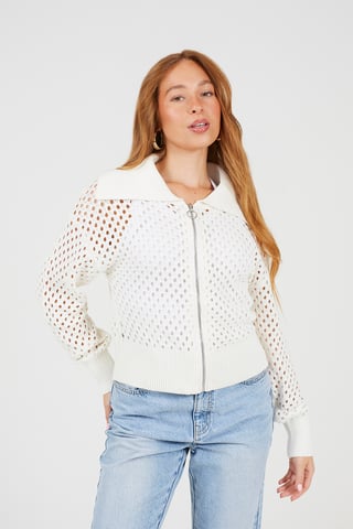 White Crochet Knit Zip Through Cardigan