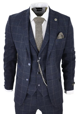 Herren 3-teiliges Wollanzug Navy Blau Tweed Karomuster Peaky Blinders 1920 Gatsby Formal