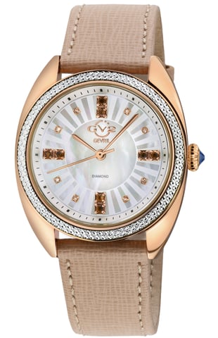 GV2 Damen Palermo Diamant Schweizer Quarz MOP blaues Zifferblatt, echte Tan handgefertigte Lederuhr