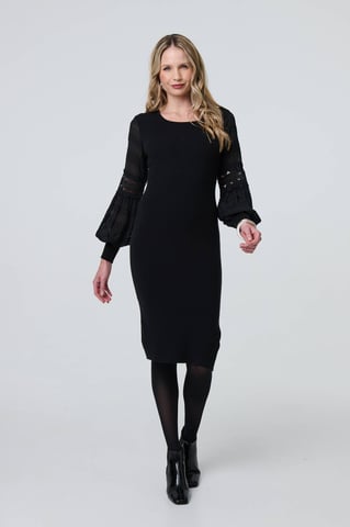 Black Long Sheer Sleeve Bodycon Knit Dress