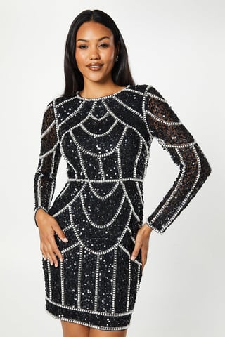 Pearl Detail Mini Dress With Long Sleeve