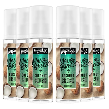 Impulse Body Fragrance Spray with Malibu Breeze and Coconut Crush 150ml, 6 Pack